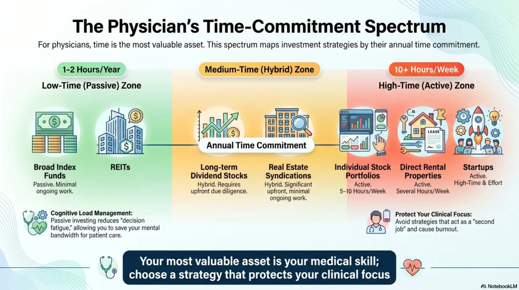 Infographic comparing physician investment strategies by time commitment, from passive index funds to active real estate and stock portfolios.