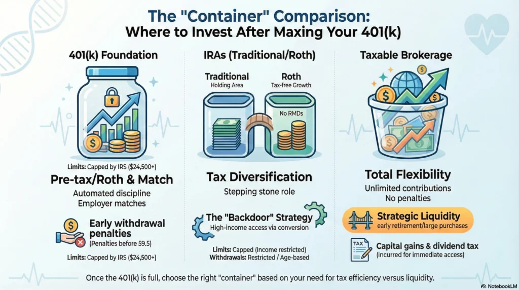 Comparison chart for doctors: 401k vs IRAs vs taxable brokerage accounts. Highlights tax benefits, contribution limits, and liquidity for retirement planning.