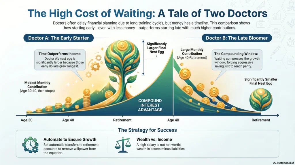 Chart comparing early vs late investing for doctors, showing how starting early with compound interest builds a larger nest egg than waiting.