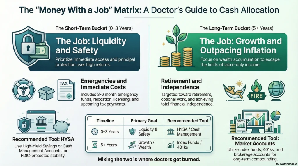 Financial goal matrix for physicians: short-term cash for liquidity in HYSAs versus long-term capital for growth in retirement accounts and index funds