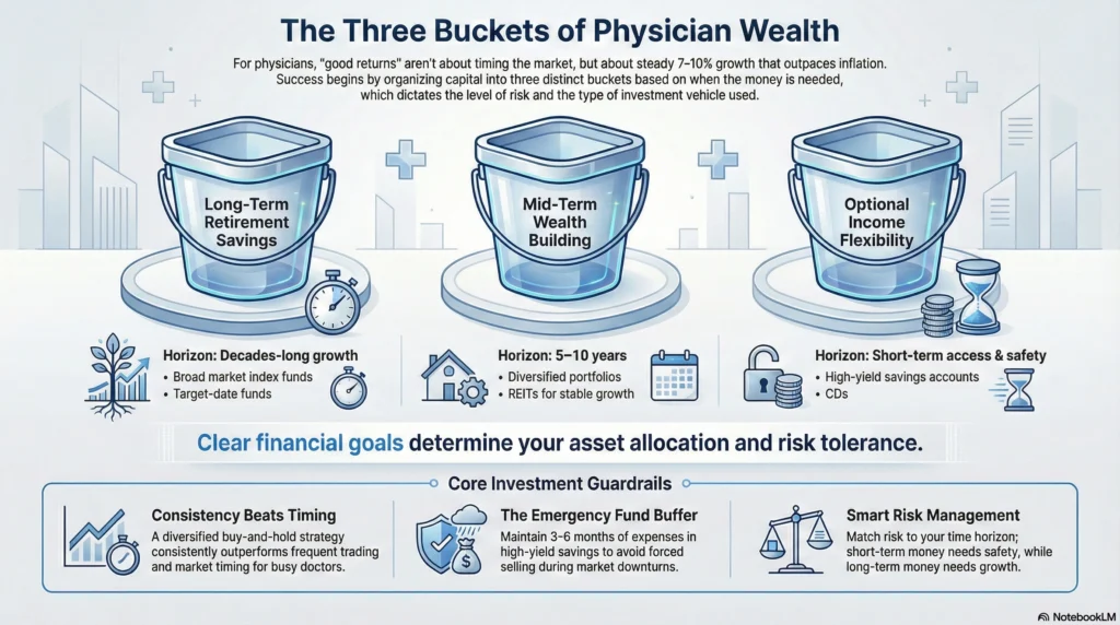 The three buckets of physician wealth: Long-term retirement, mid-term wealth building, and optional income flexibility for clear financial goal setting." This framework helps doctors define their investment purpose—whether for retirement, wealth, or flexibility—before choosing specific assets.