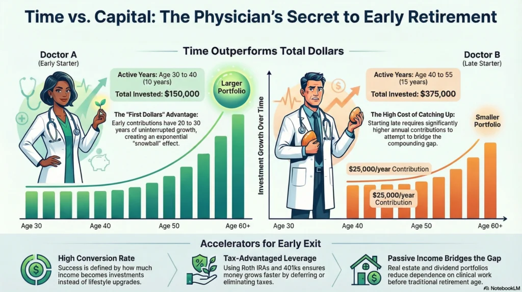 Graph comparing early vs late physician investing: Doctor A starts at 30 and beats Doctor B’s larger contributions via compound interest