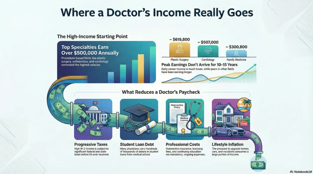 physician income breakdown taxes student loans lifestyle