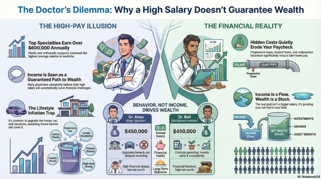 doctor salary vs net worth over time chart for physicians