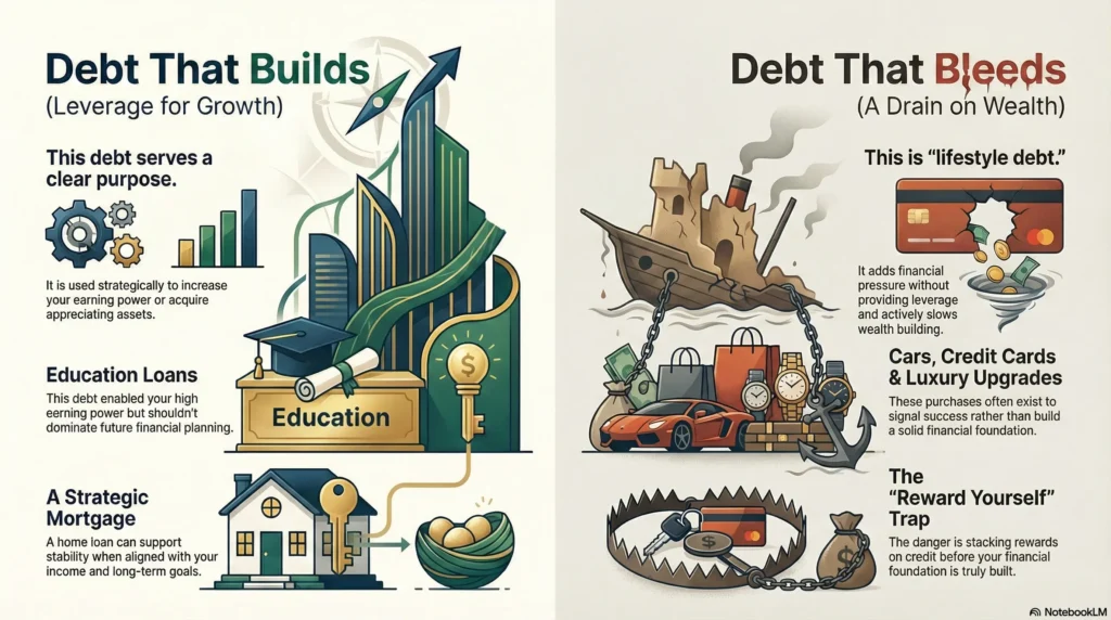 Comparison of debt that builds wealth versus debt that bleeds wealth for doctors, highlighting education loans and strategic mortgages as productive debt, and credit cards, car loans, and lifestyle debt as financial drains that slow long-term financial independence.