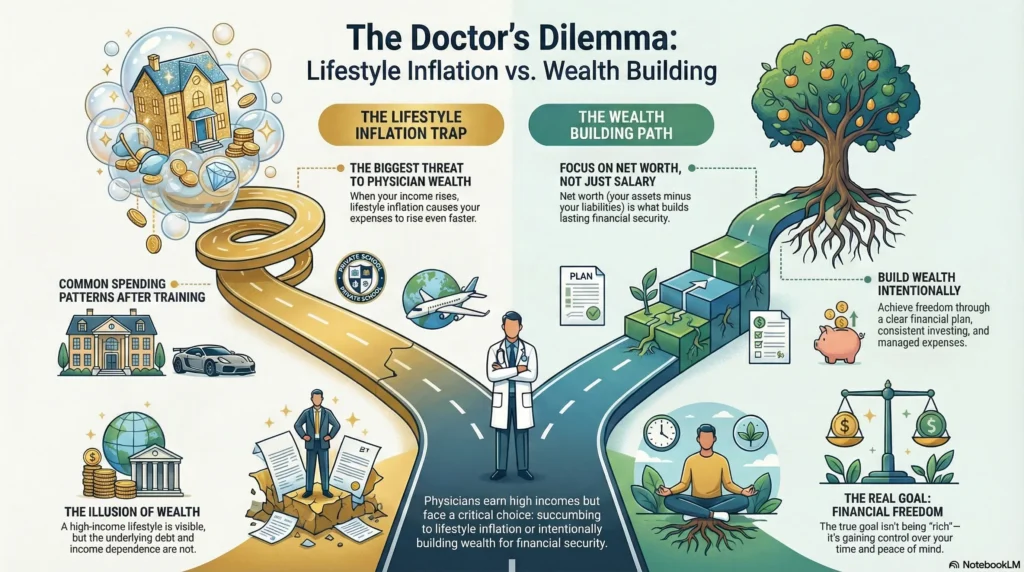 Lifestyle inflation impact on physician expenses, savings, and long-term net worth growth